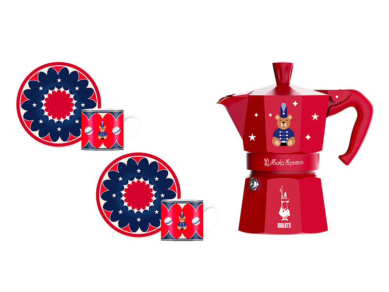 Bialetti - Set 2 Tazzine con Piattino e Moka 3Tz Rossa
