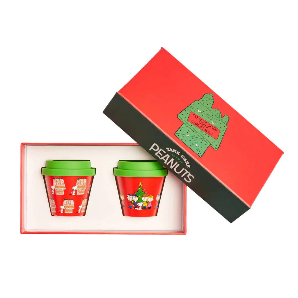 Quy Cup - Set 2 Tazzine Espresso Natale Snoopy cuccia e Albero con Tappo Verde