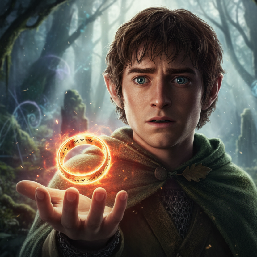 frodo, il signore degli anelli, con anello d oro